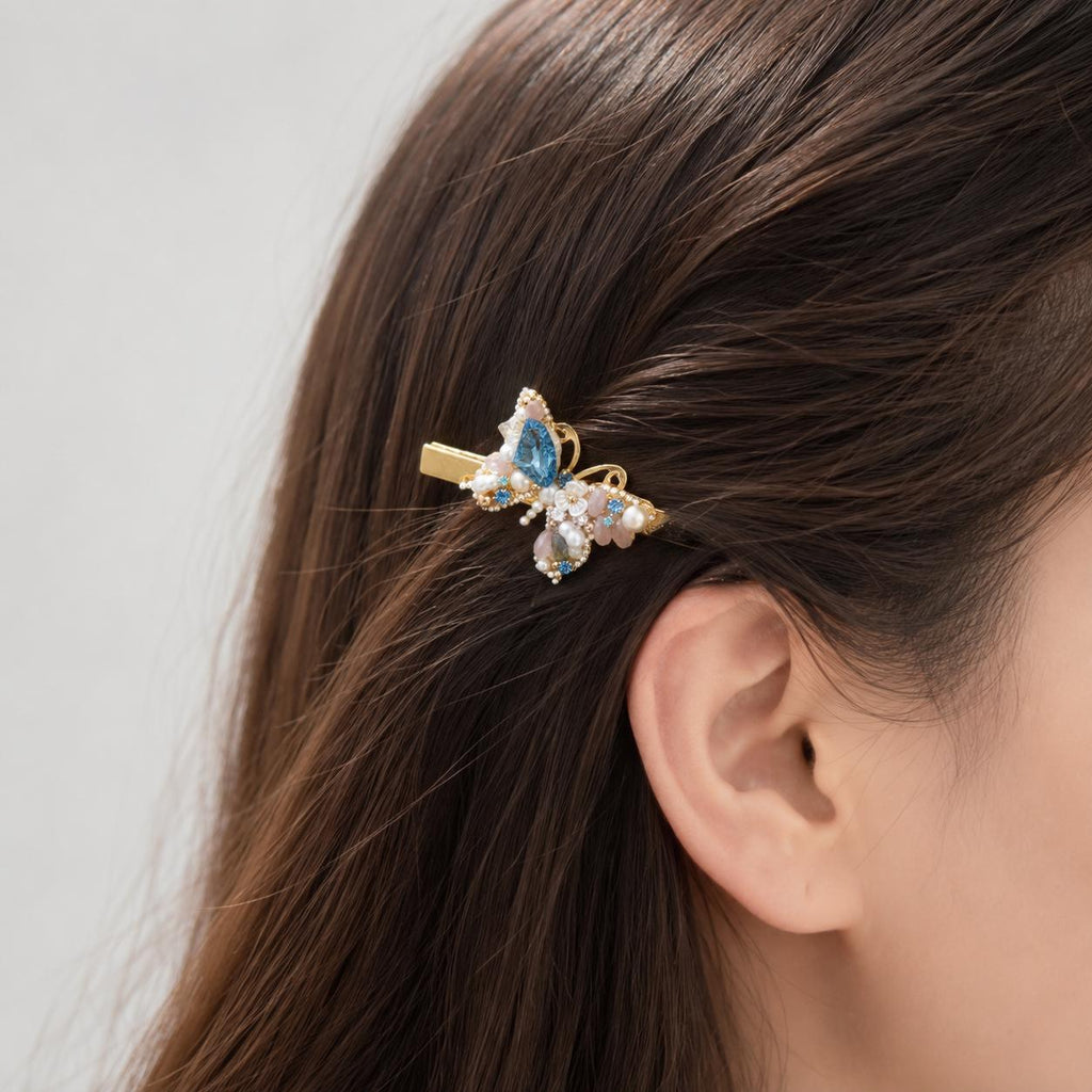 Blue Crystal Butterfly Hair Clip, Pastel Floral Fairycore Barrette, Whimsical Elven Accessory