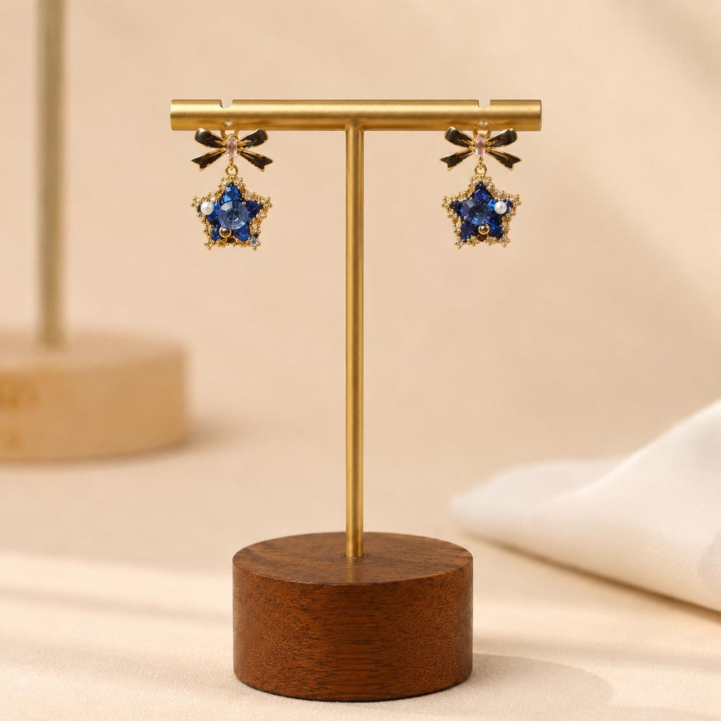 Black Bowknot Star Earrings, Royal Blue Crystal Dangle, Vintage Gold Starburst Statement Studs