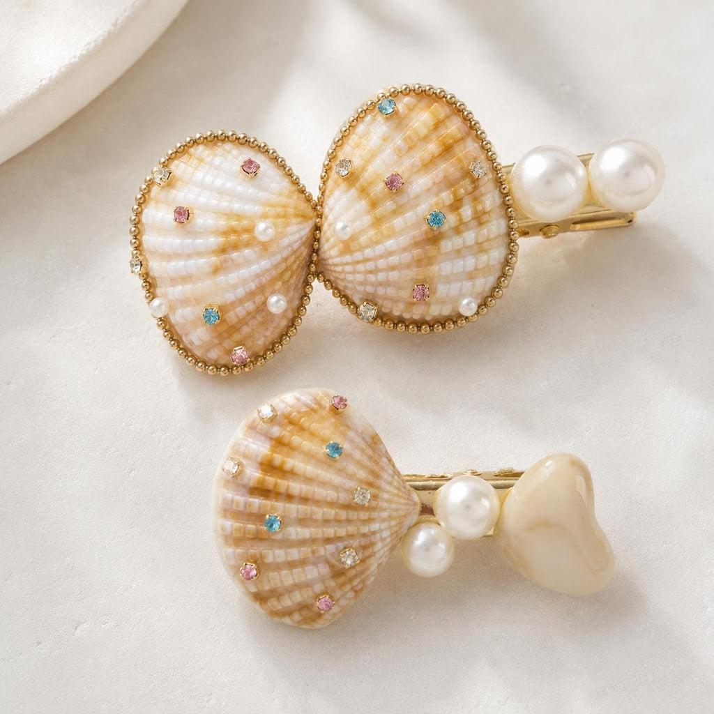 Natural Seashell Hair Clips, Mermaidcore Bow Barrette Set, Coastal Vacation Accessories