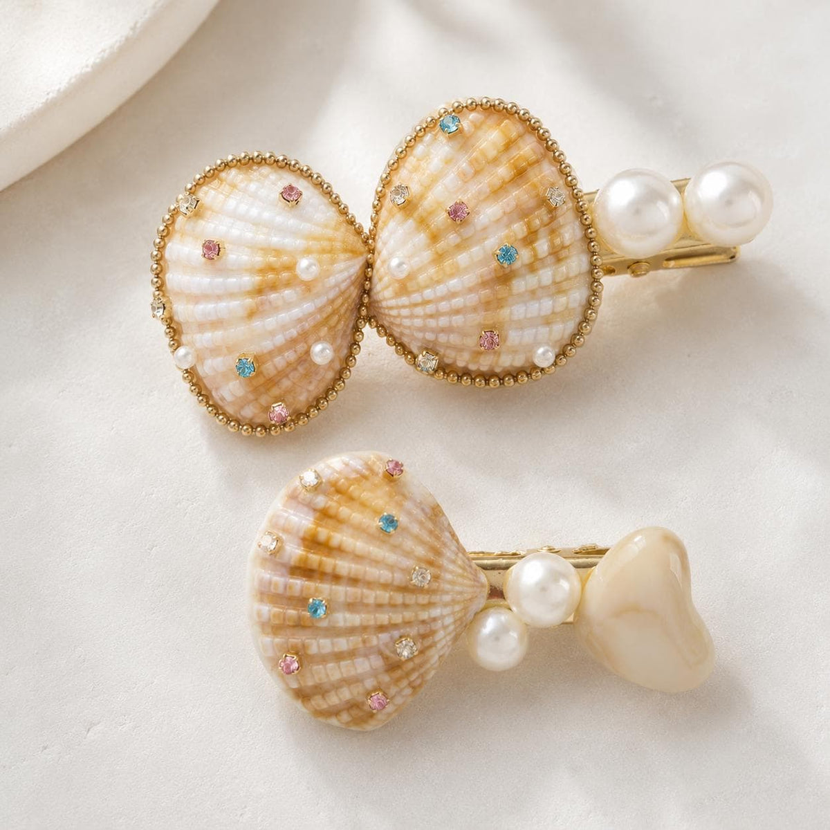 Natural Seashell Hair Clips, Mermaidcore Bow Barrette Set, Coastal Vacation Accessories