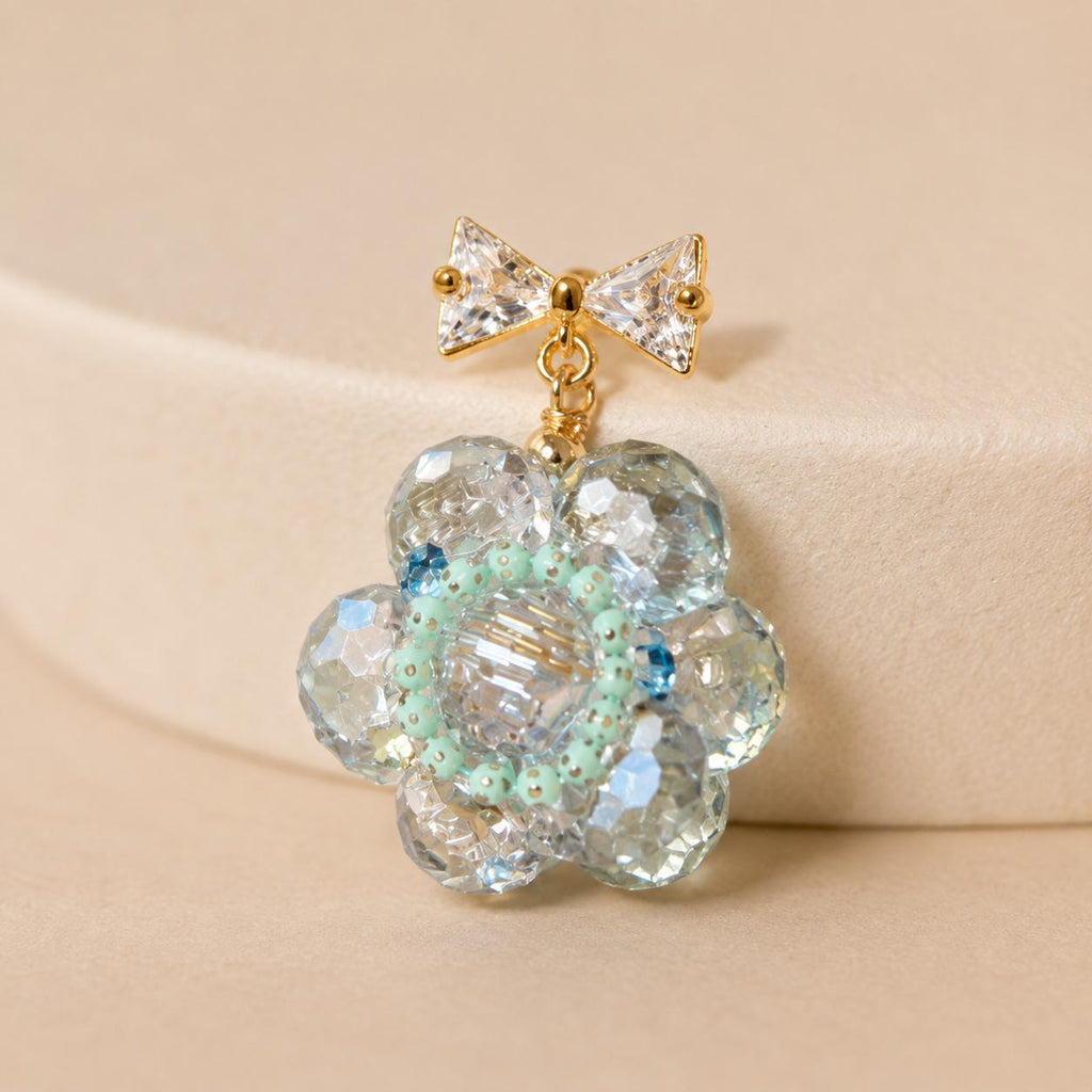 Ice Blue Beaded Blossom Earrings, Gold Bow Stud Earrings, Pastel Coquette Flower Dangles, Whimsical Statement Jewelry, Gift for Her