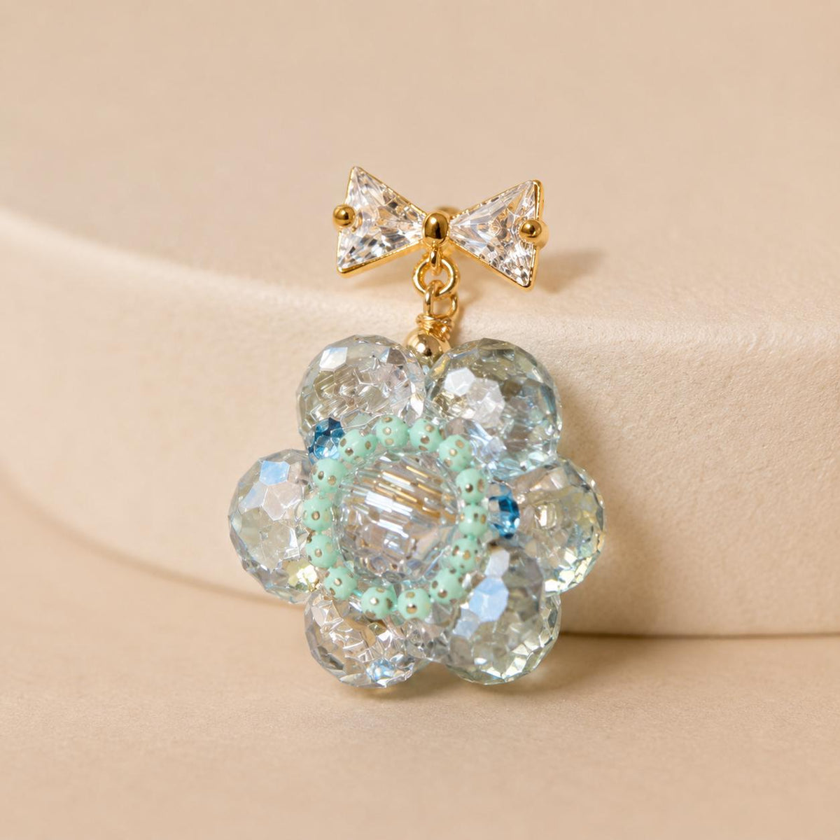 Ice Blue Beaded Blossom Earrings, Gold Bow Stud Earrings, Pastel Coquette Flower Dangles, Whimsical Statement Jewelry, Gift for Her