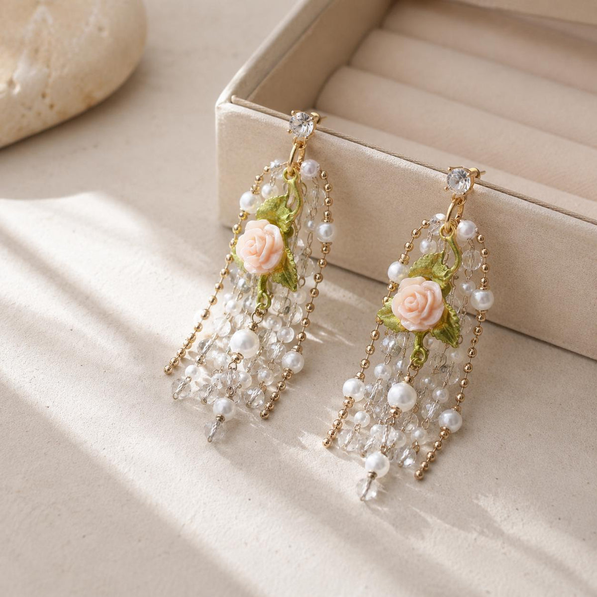 Pink Rose Flower Chandelier Earrings, Pearl Tassel Dangle Earrings, Victorian Garden Statement Jewelry, Romantic Gift for Her