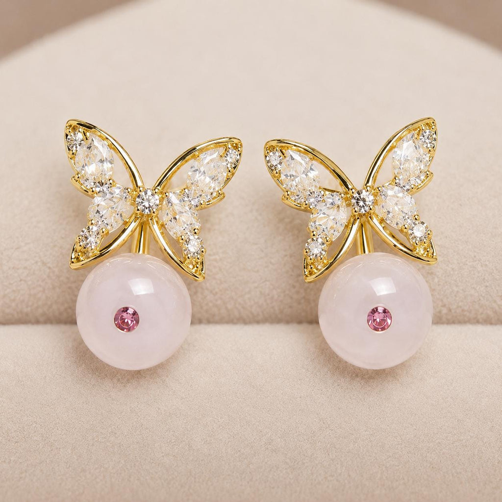 Gold Butterfly Stud Earrings, Marquise Crystal Drop Earrings, Rose Pink Beaded Dangles, Romantic Korean Style Jewelry, Birthday Gift for Her