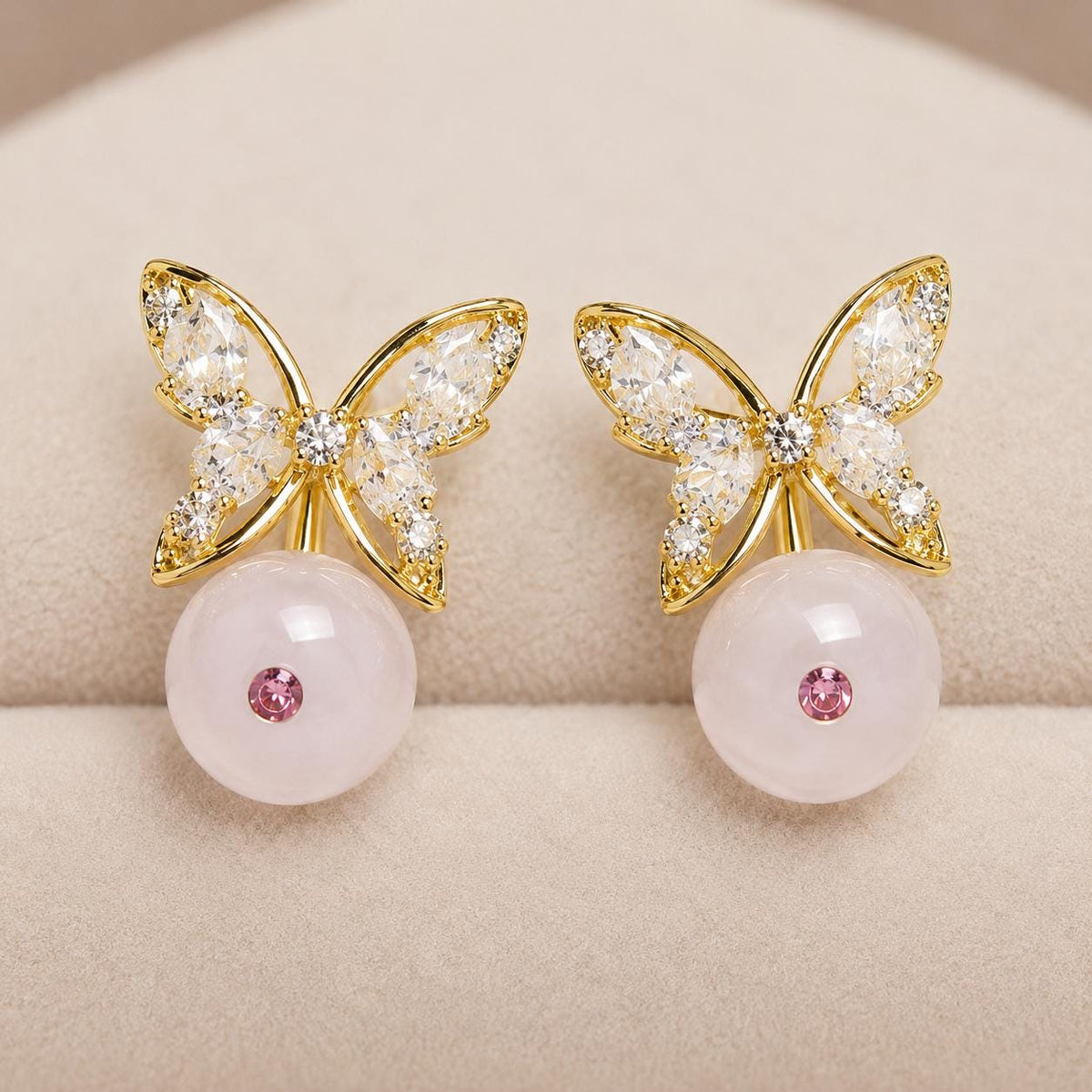 Gold Butterfly Stud Earrings, Marquise Crystal Drop Earrings, Rose Pink Beaded Dangles, Romantic Korean Style Jewelry, Birthday Gift for Her
