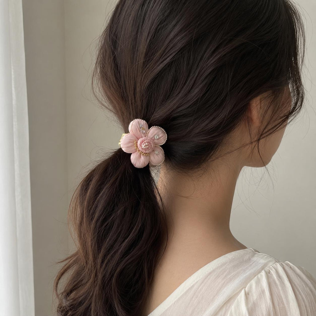 Pink Fabric Flower Hair Clip, Pleated Floral Barrette, Pearl Crystal Coquette Hair Accessory, Gift for Her