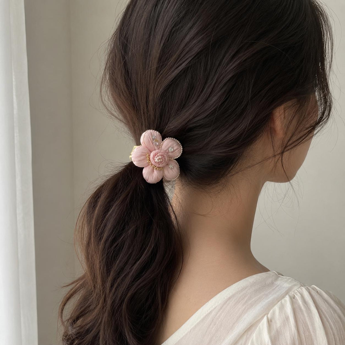 Pink Fabric Flower Hair Clip, Pleated Floral Barrette, Pearl Crystal Coquette Hair Accessory, Gift for Her