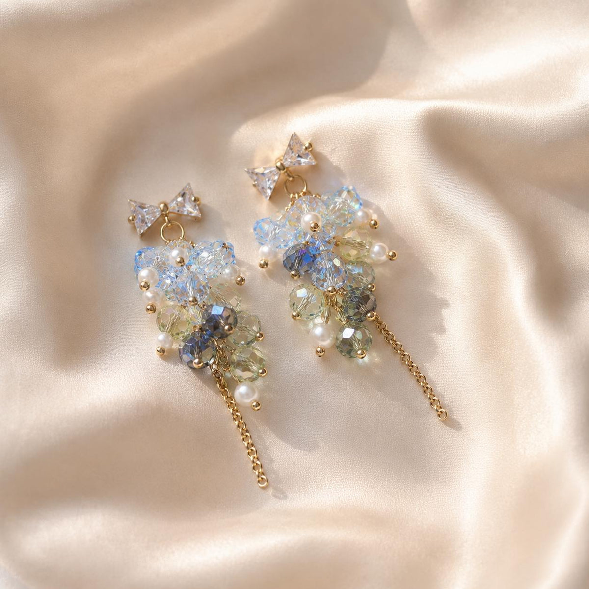 Light Blue Crystal Cluster Earrings, Rhinestone Bowknot Studs, Pearl Tassel Jewelry
