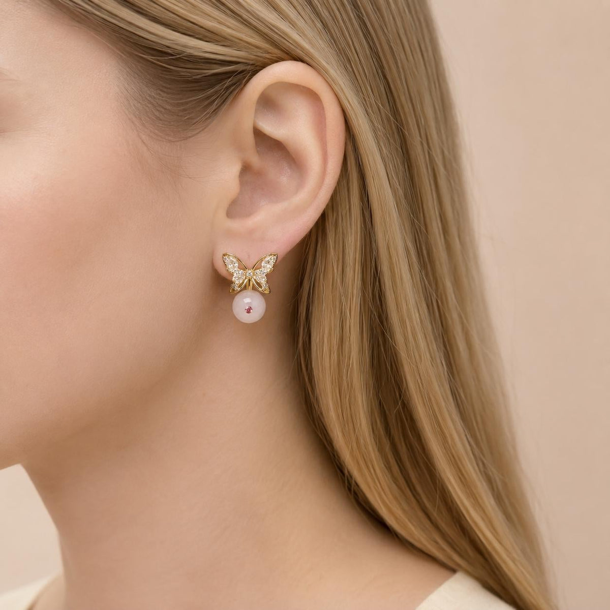 Gold Butterfly Stud Earrings, Marquise Crystal Drop Earrings, Rose Pink Beaded Dangles, Romantic Korean Style Jewelry, Birthday Gift for Her