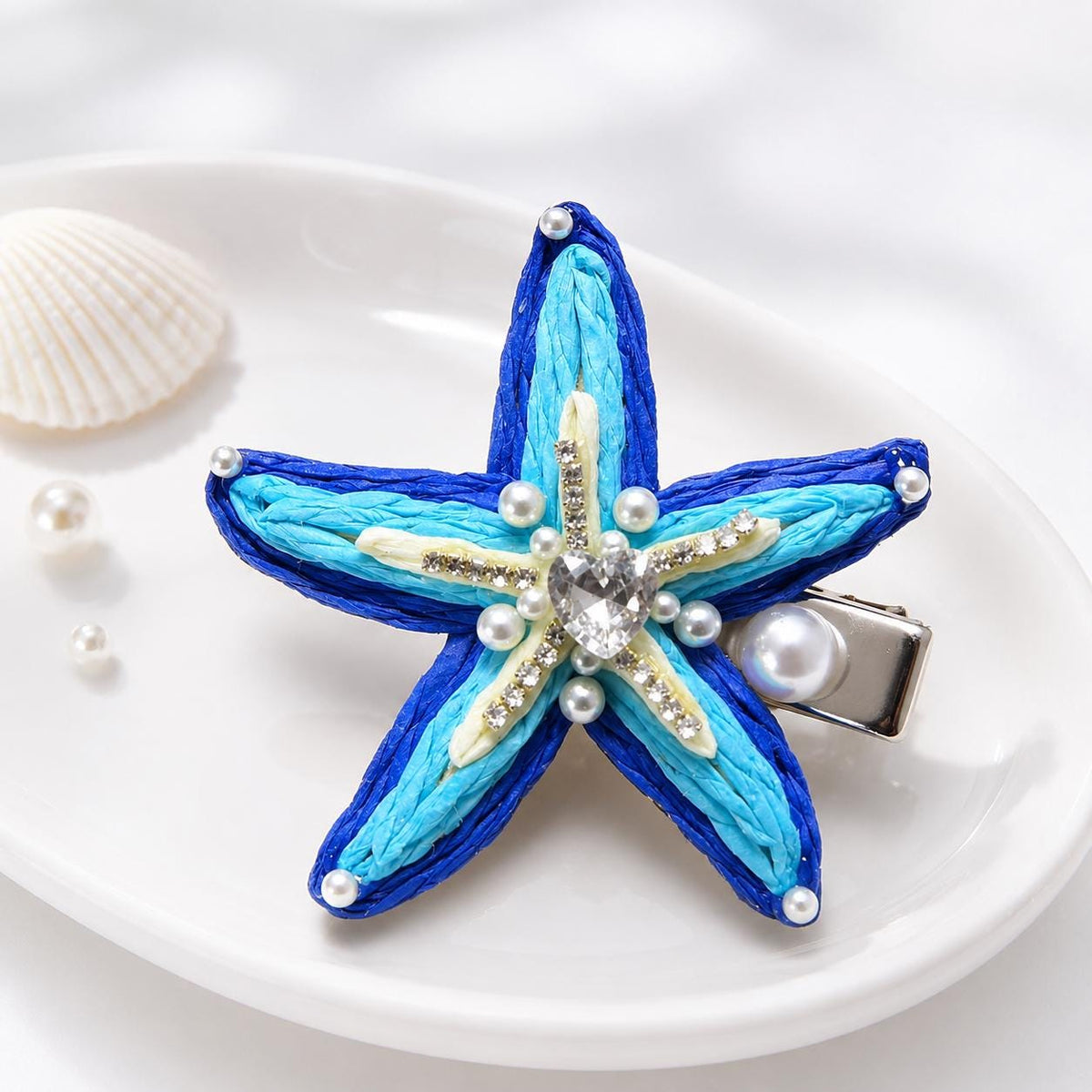 Blue Starfish Hair Clip, Crystal Heart Pearl Hair Barrette, Coastal Ocean Hair Accessory, Beach Gift for Her