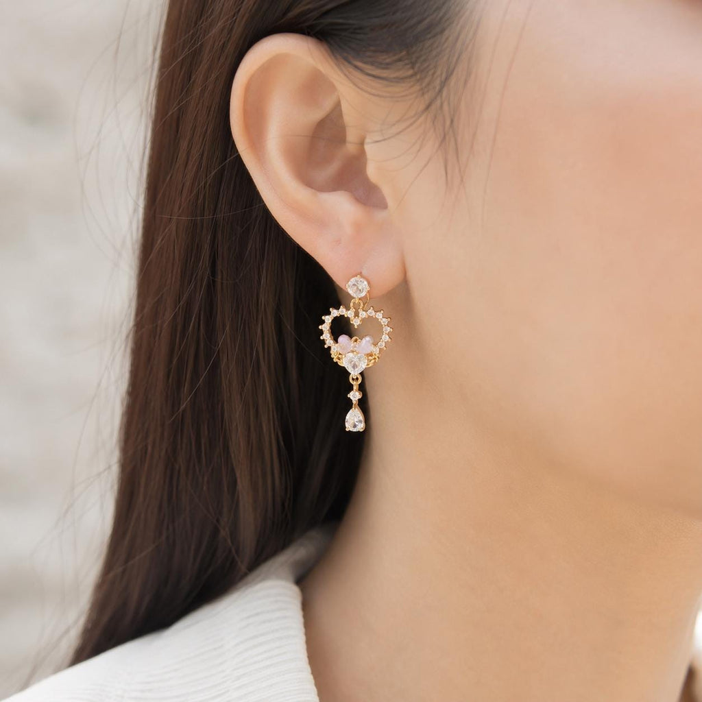 Double Heart Crystal Earrings, Romantic French Coquette Dangles, Sparkling Heart Jewelry, Gift for Her