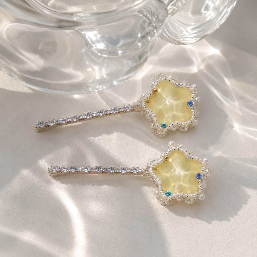 Yellow Star Hair Clips, Crystal Bobby Pin Set, Pastel Acetate Starburst Barrette, Whimsical Y2K Celestial Preppy Hair Accessories
