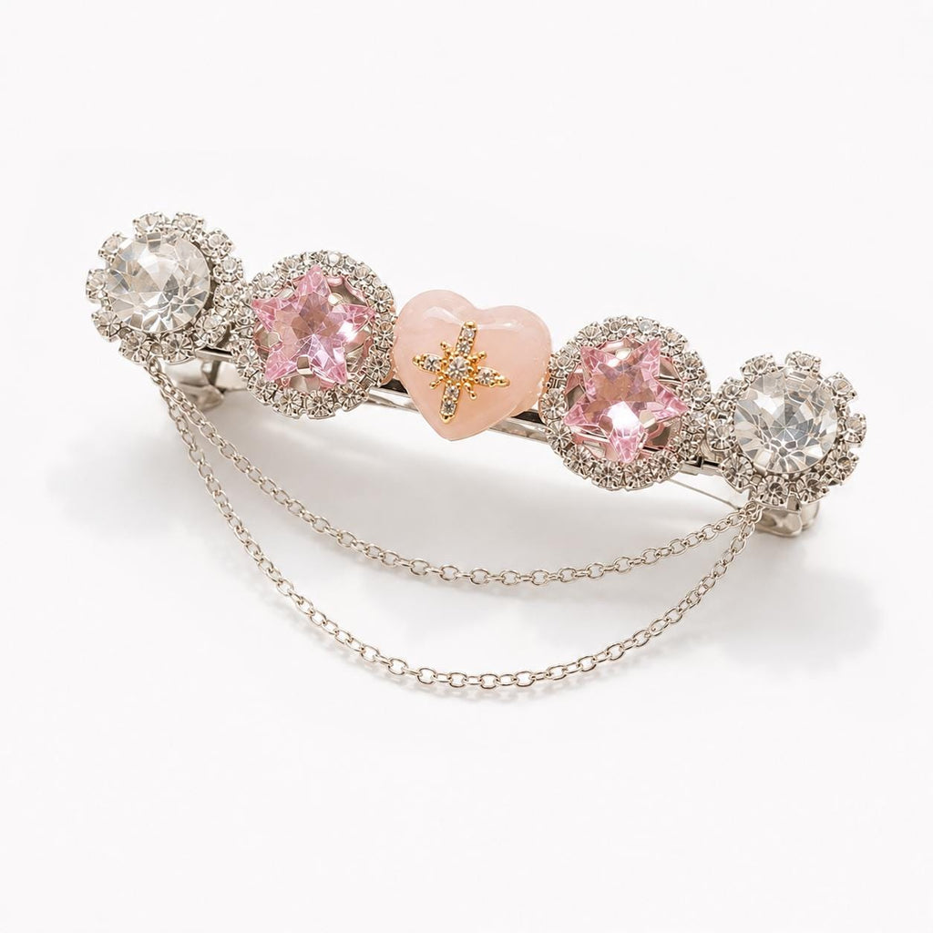 Pink Heart Star Hair Clip, Silver Chain Barrette, Pastel Rhinestone Medallion Pinch, Whimsical Y2K Celestial Magical Girl Accessories