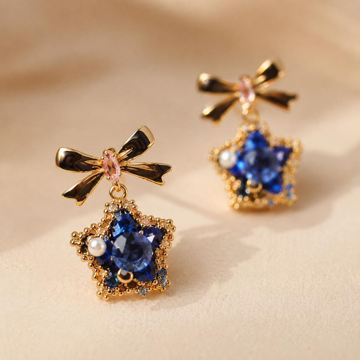 Black Bowknot Star Earrings, Royal Blue Crystal Dangle, Vintage Gold Starburst Statement Studs