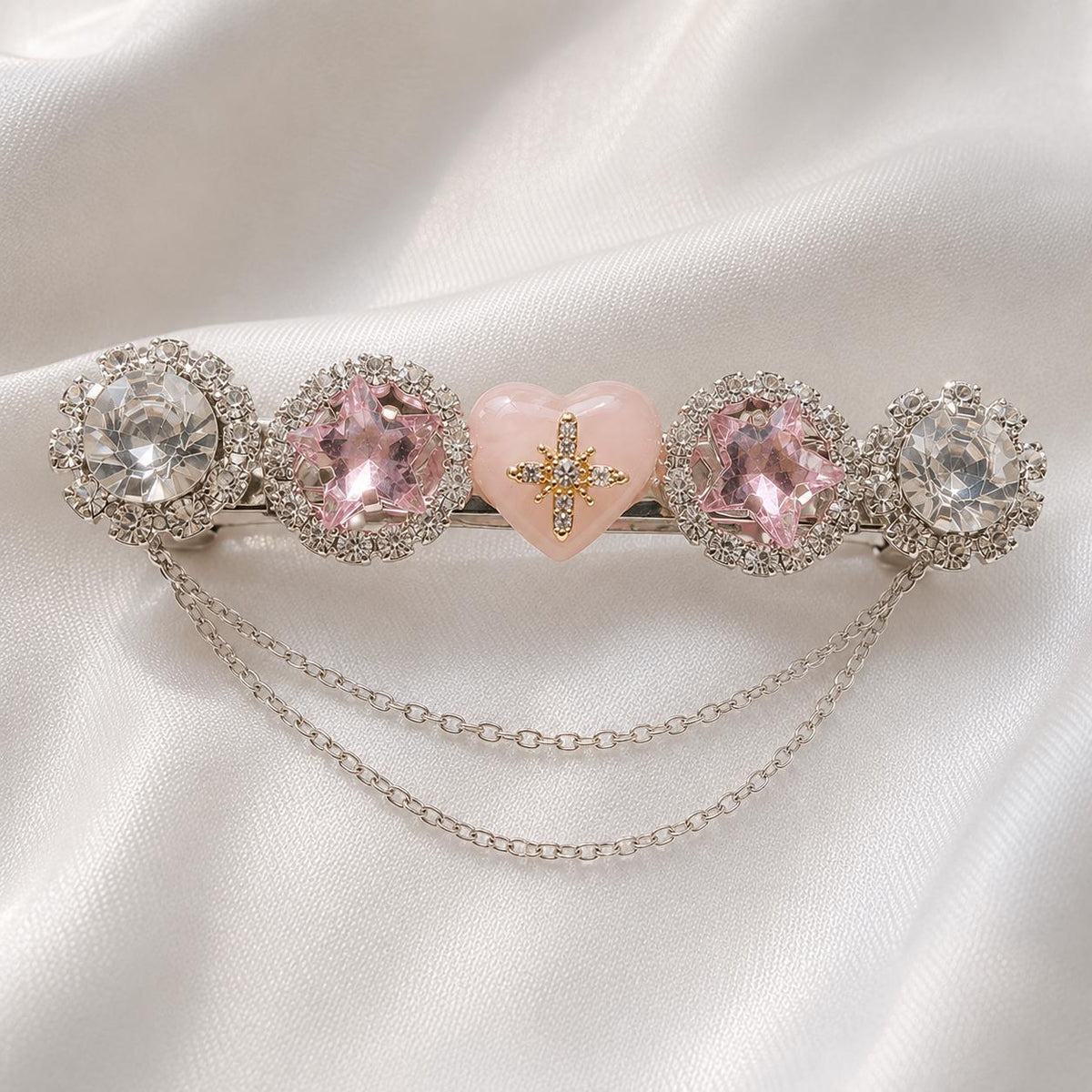 Pink Heart Star Hair Clip, Silver Chain Barrette, Pastel Rhinestone Medallion Pinch, Whimsical Y2K Celestial Magical Girl Accessories