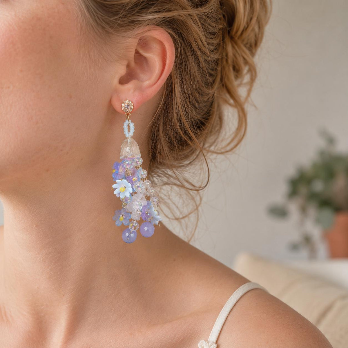 Pastel Blue Forget Me Not Chandelier Earrings, 3D Acrylic Flower Tassel Dangle