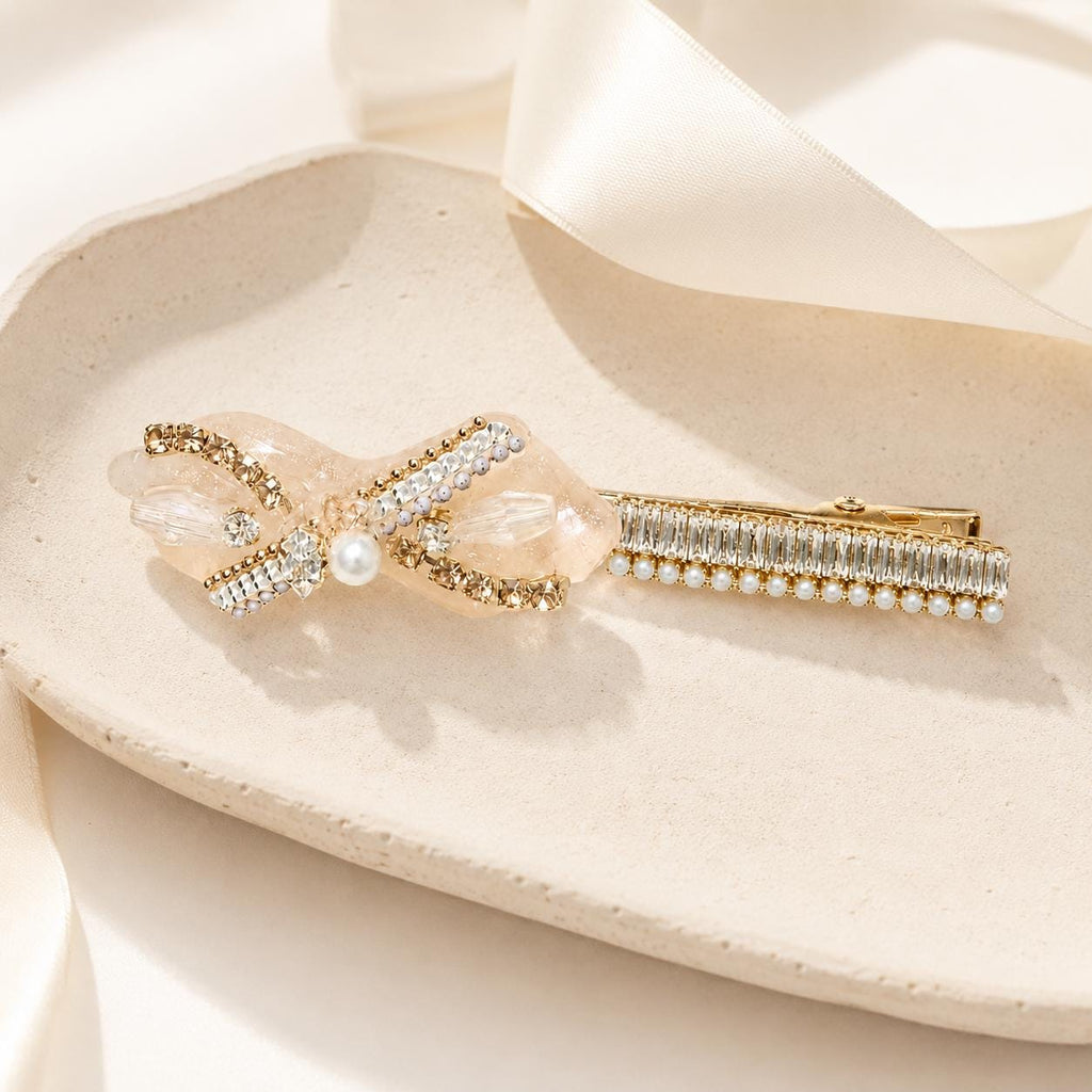 Champagne Shimmer Bow Hair Clip, Baguette Crystal Pearl Barrette, Balletcore Coquette Hair Accessory, Gift for Her
