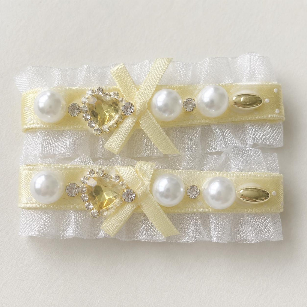 Yellow Lolita Bow Hair Clips, Pastel Lace Barrette Set, Crystal Heart Pearl Alligator Clips, Balletcore Hair Accessories, Gift for Her