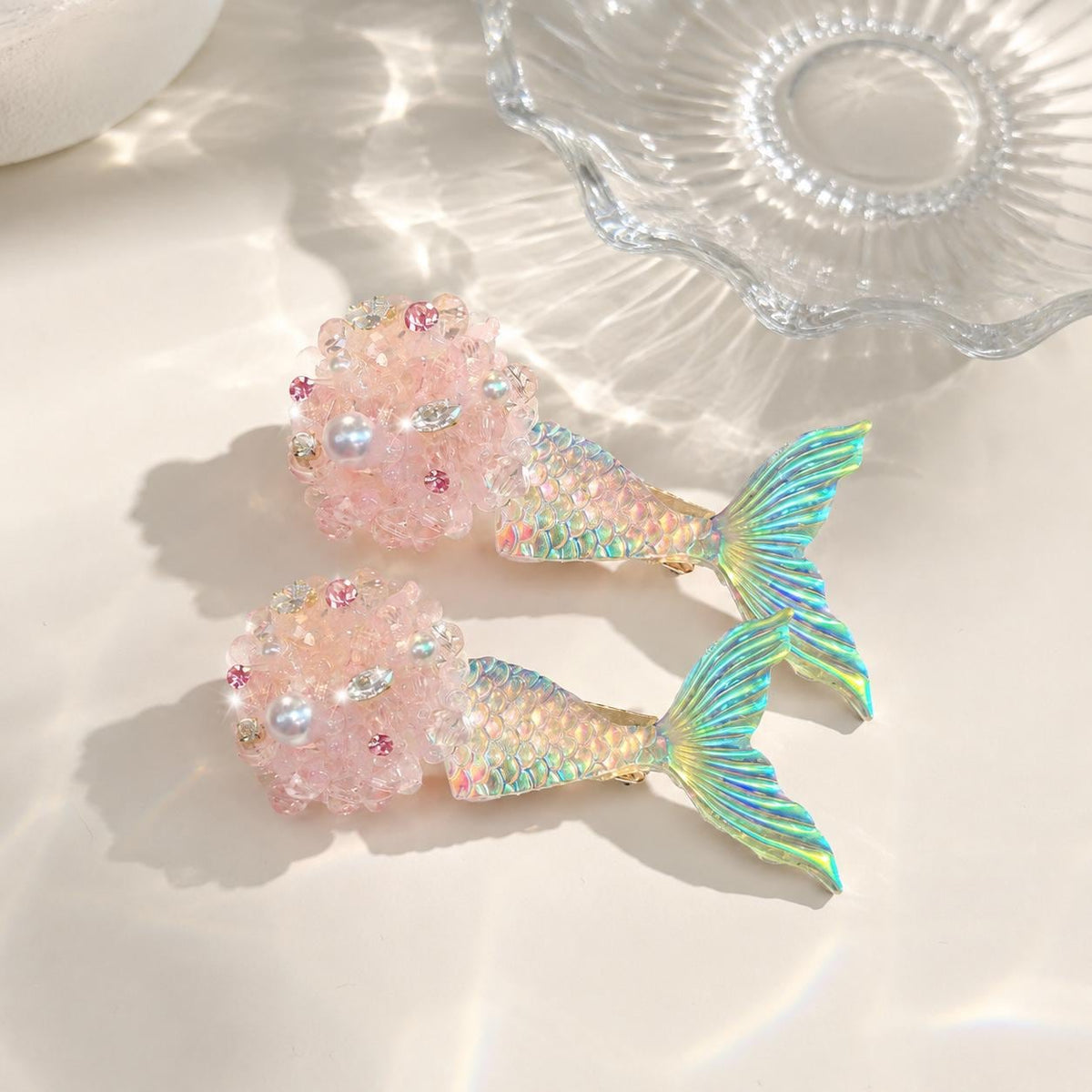 Pink Mermaid Tail Clips, Iridescent Fish Tail Barrette Set, Beaded Pearl Alligator Pinch, Whimsical Coastal Ocean Vacation Accessories