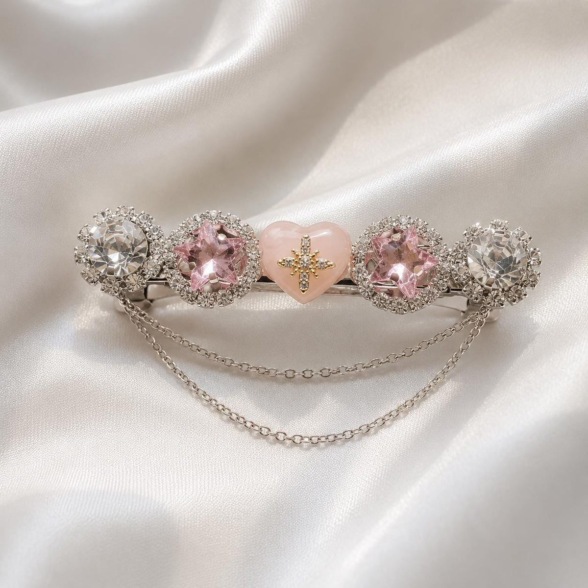 Pink Heart Star Hair Clip, Silver Chain Barrette, Pastel Rhinestone Medallion Pinch, Whimsical Y2K Celestial Magical Girl Accessories