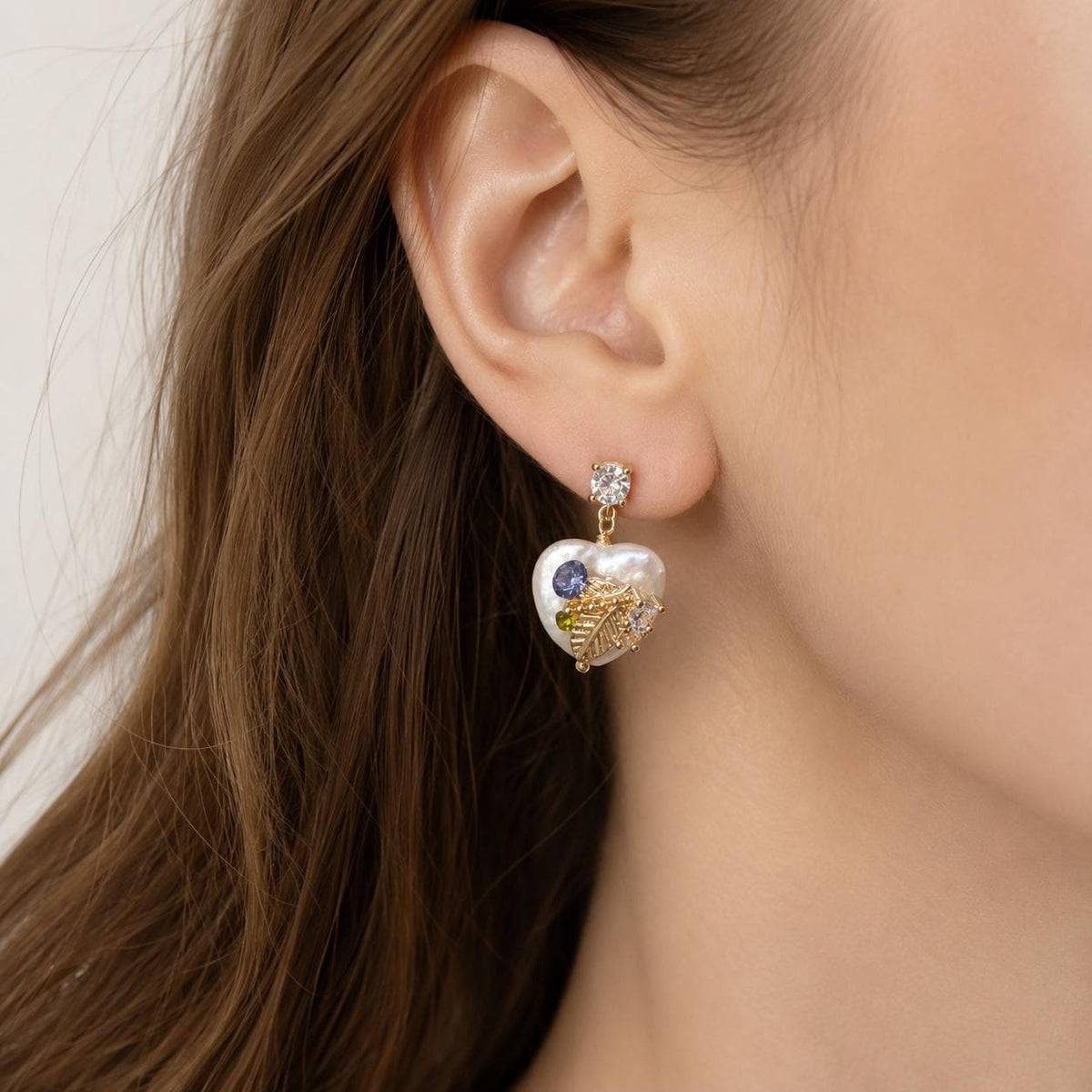 Baroque Pearl Heart Earrings, Gold Leaf Dangle Earrings, Lilac Crystal Stud Earrings, Botanical Statement Jewelry, Gift for Her