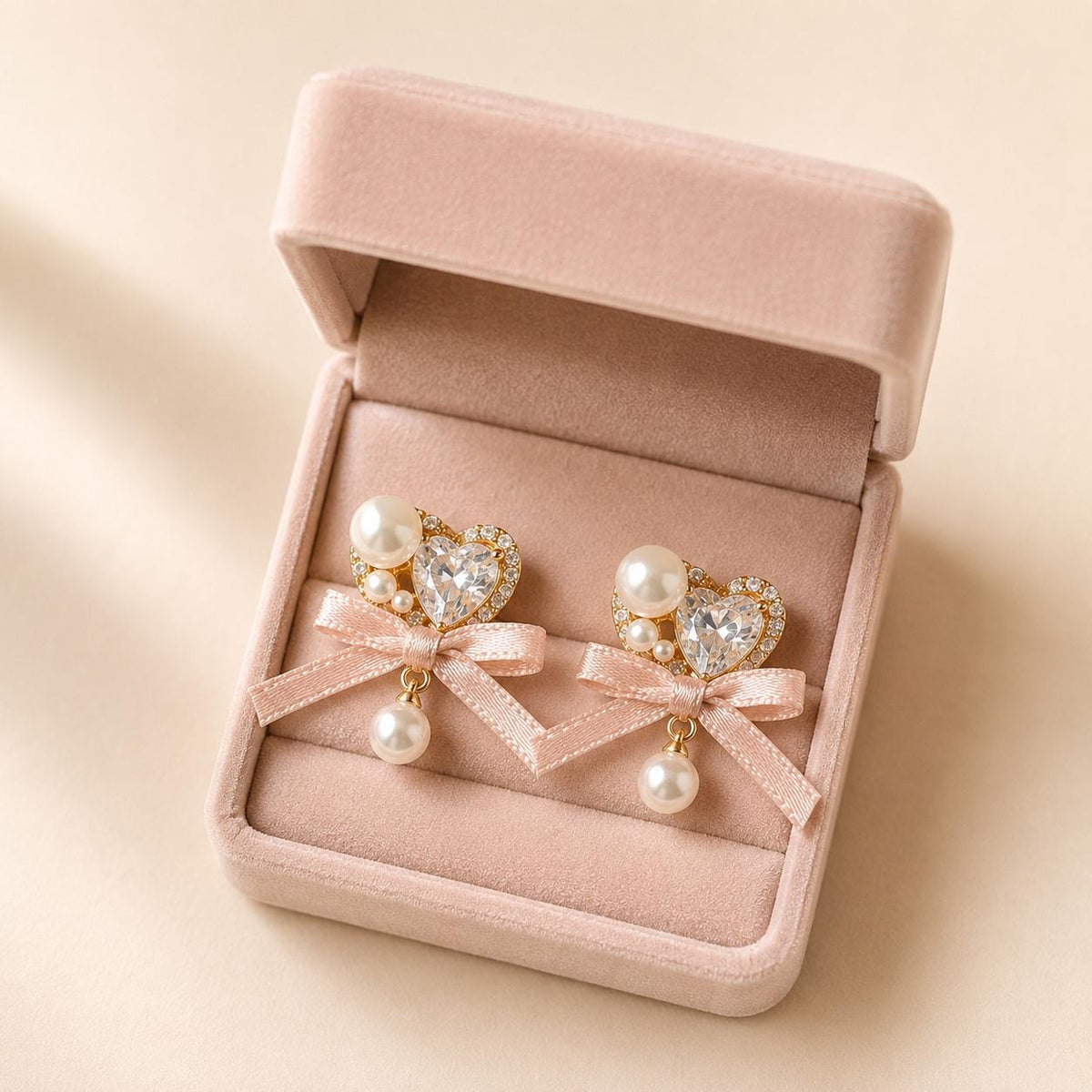 Pink Ribbon Bow Heart Earrings, Crystal Pearl Drop Earrings, Cute Balletcore Coquette Jewelry, Romantic Gift for Her