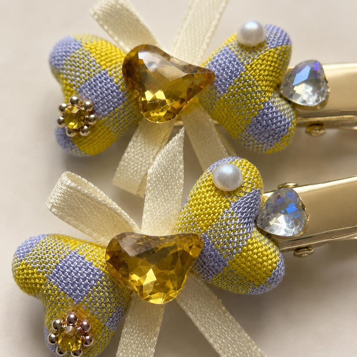 Pastel Gingham Bow Hair Clips Set of 2, Yellow Purple Plaid Barrettes, Crystal Heart Alligator Clips, Gift for Her