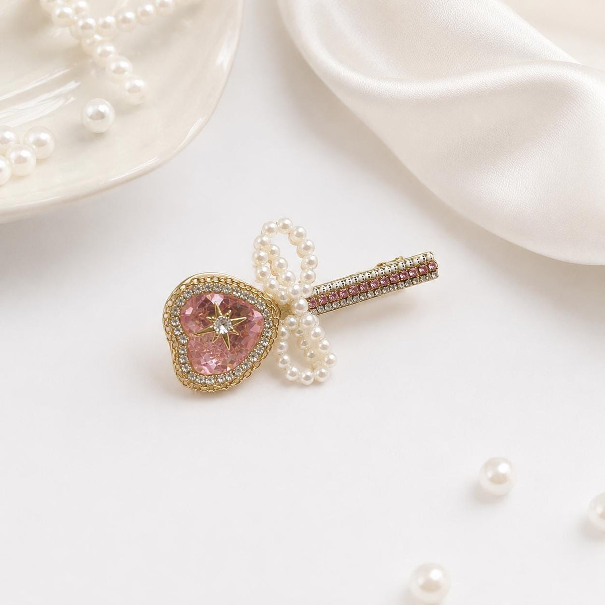 Pink Heart Crystal Hair Clip, Pearl Bow Barrette, Anime Magical Girl Coquette Accessory