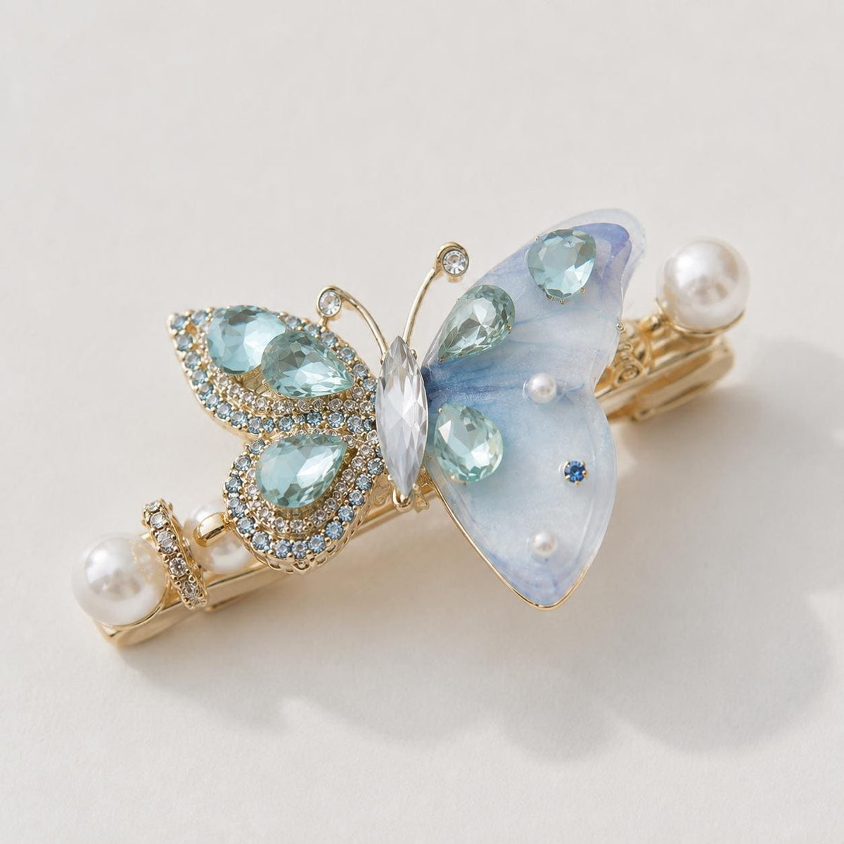 Pastel Blue Butterfly Hair Clip, Aquamarine Crystal Pearl Barrette, Elven Fairycore Mermaid Jewelry