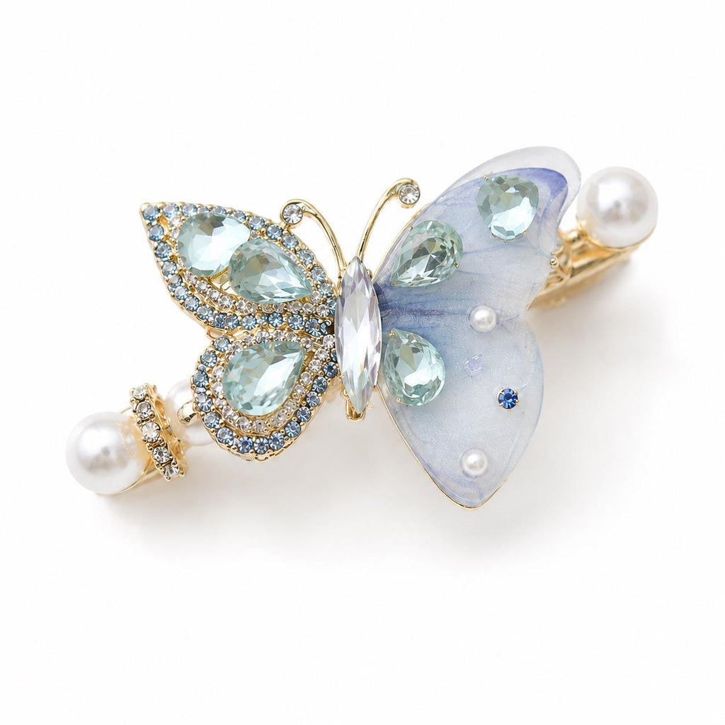 Pastel Blue Butterfly Hair Clip, Aquamarine Crystal Pearl Barrette, Elven Fairycore Mermaid Jewelry