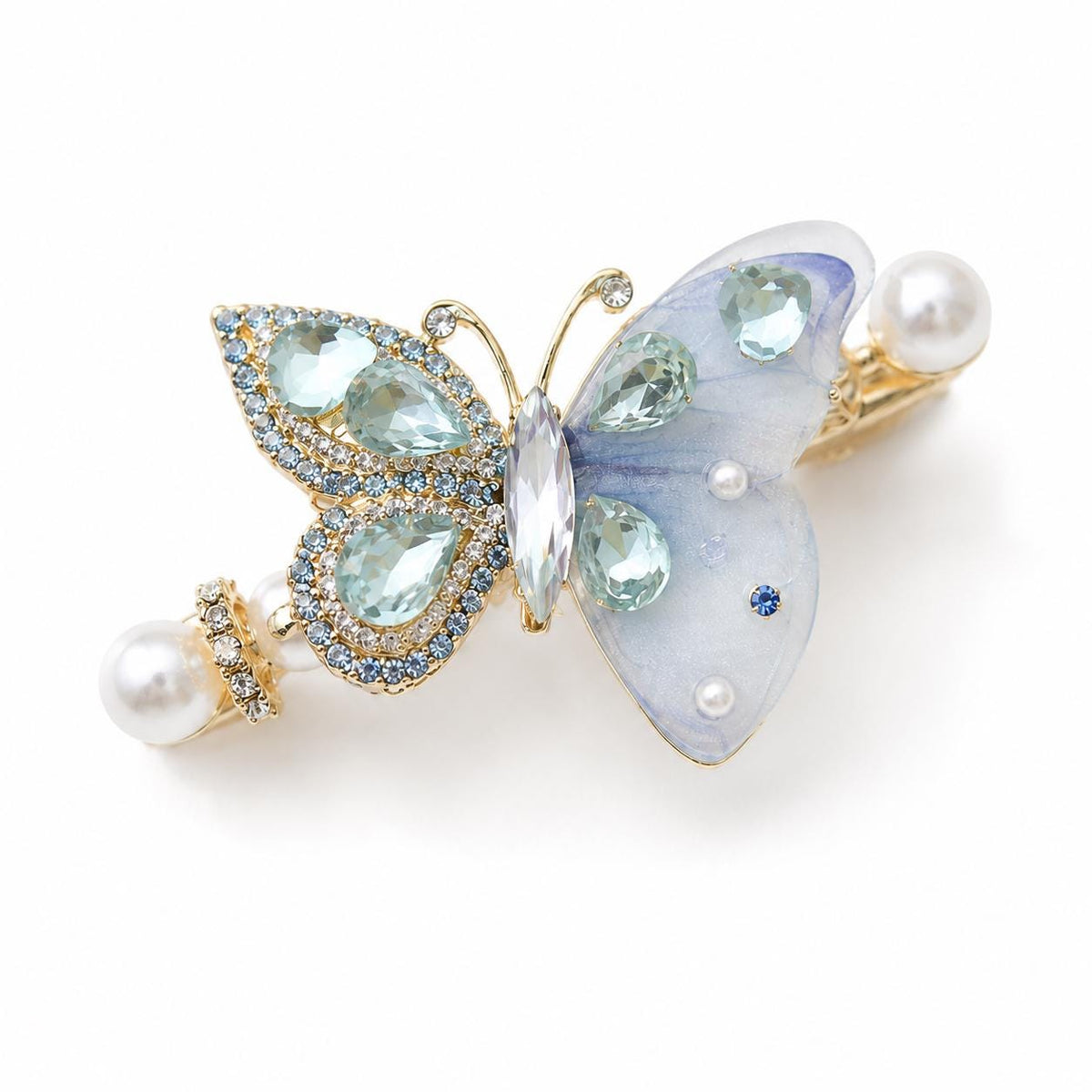 Pastel Blue Butterfly Hair Clip, Aquamarine Crystal Pearl Barrette, Elven Fairycore Mermaid Jewelry
