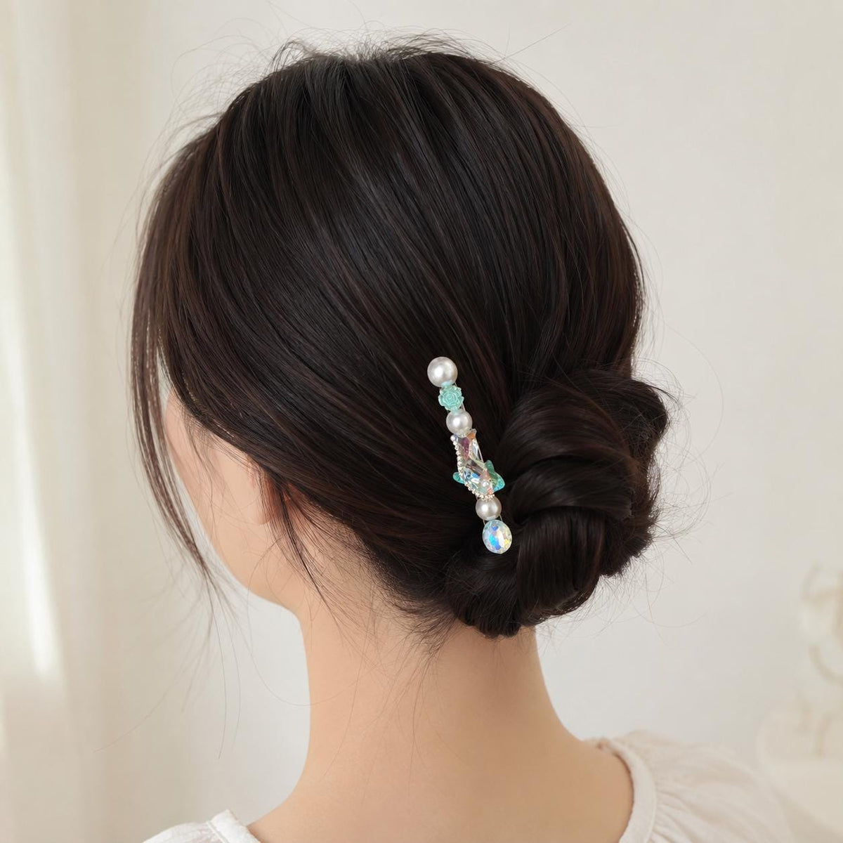 Aurora Mermaid Hair Clip, Mint Rose Pearl Barrette, Holographic Crystal Alligator Clip, Coquette Ocean Gift for Her