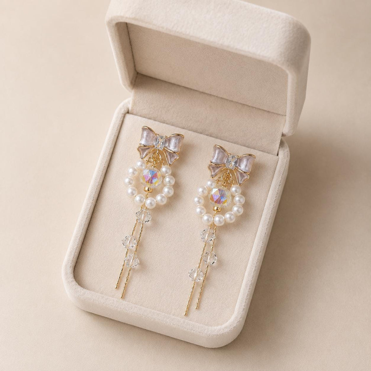 Pearl Bowknot Tassel Earrings, Aurora Crystal Dangle, French Balletcore Ribbon Jewelry