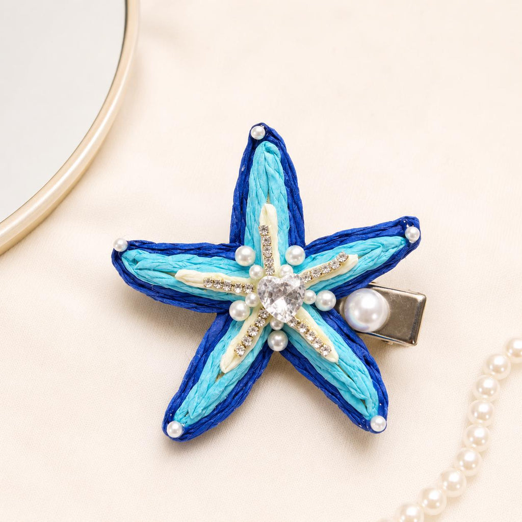 Blue Starfish Hair Clip, Crystal Heart Pearl Hair Barrette, Coastal Ocean Hair Accessory, Beach Gift for Her