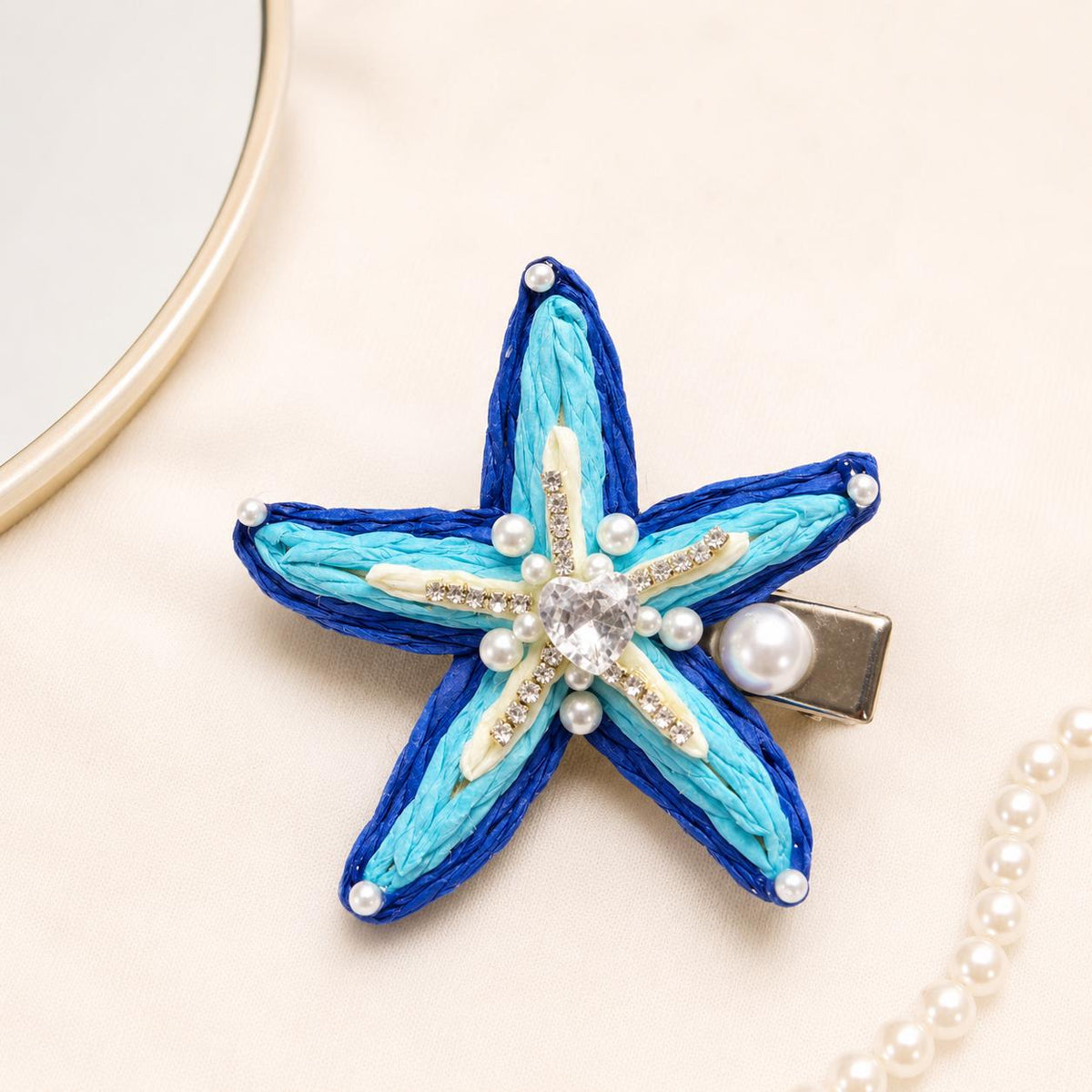 Blue Starfish Hair Clip, Crystal Heart Pearl Hair Barrette, Coastal Ocean Hair Accessory, Beach Gift for Her