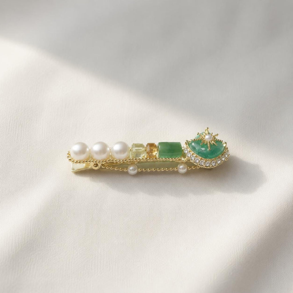 Emerald Green Baroque Pearl Hair Clip, Vintage Gold Geometric Barrette, Elegant French Style Hair Accessory, Gift for Her