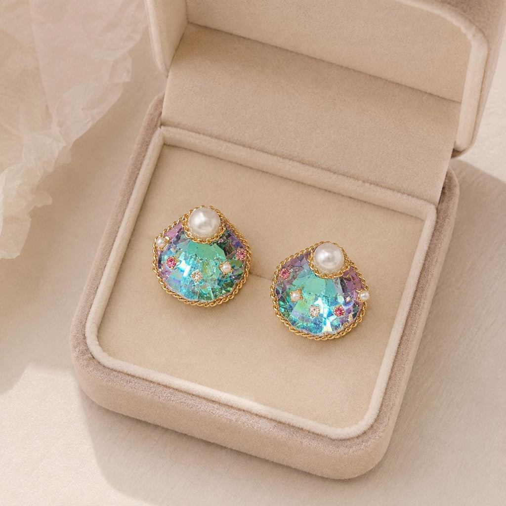Holographic Seashell Dangle Earrings, Pearl Aurora Glass Earrings, Mermaidcore Ocean Jewelry, Gift for Her