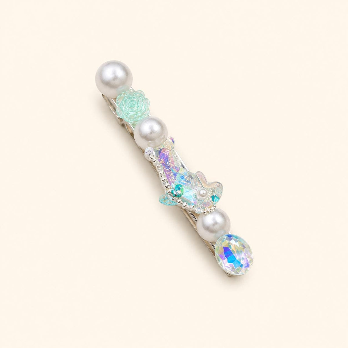 Aurora Mermaid Hair Clip, Mint Rose Pearl Barrette, Holographic Crystal Alligator Clip, Coquette Ocean Gift for Her