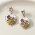Baroque Pearl Heart Earrings, Gold Leaf Dangle Earrings, Lilac Crystal Stud Earrings, Botanical Statement Jewelry, Gift for Her