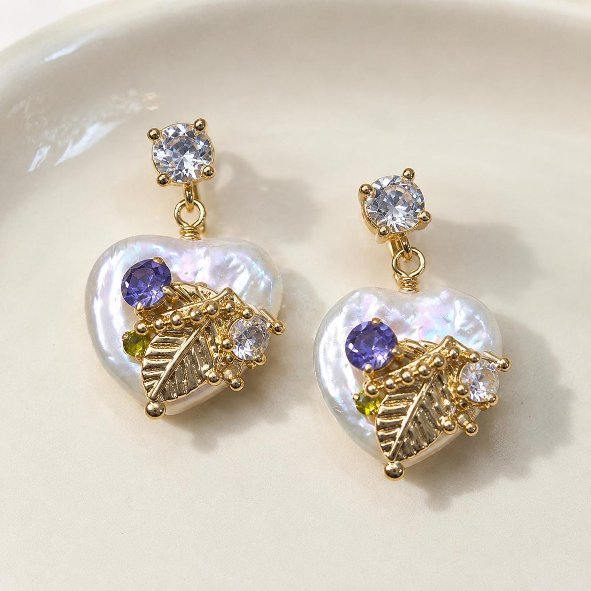 Baroque Pearl Heart Earrings, Gold Leaf Dangle Earrings, Lilac Crystal Stud Earrings, Botanical Statement Jewelry, Gift for Her