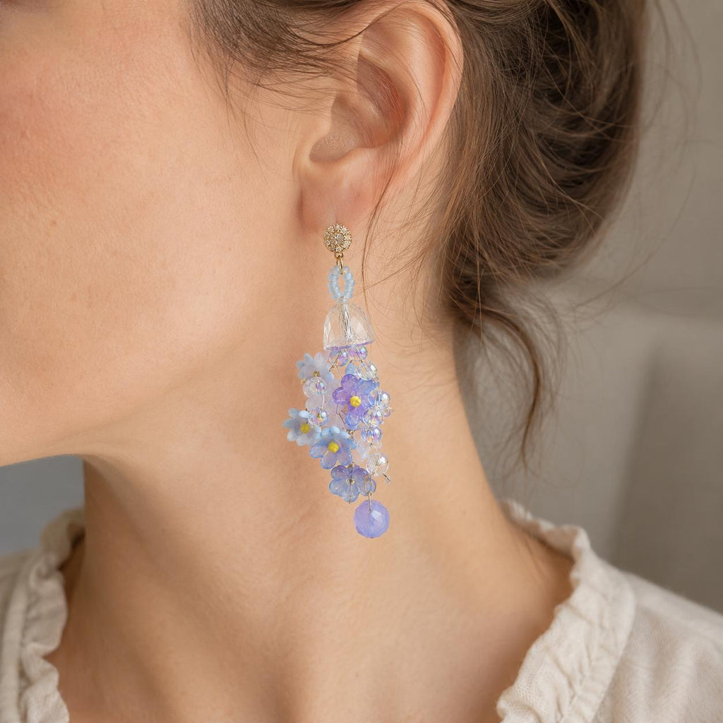 Pastel Blue Forget Me Not Chandelier Earrings, 3D Acrylic Flower Tassel Dangle