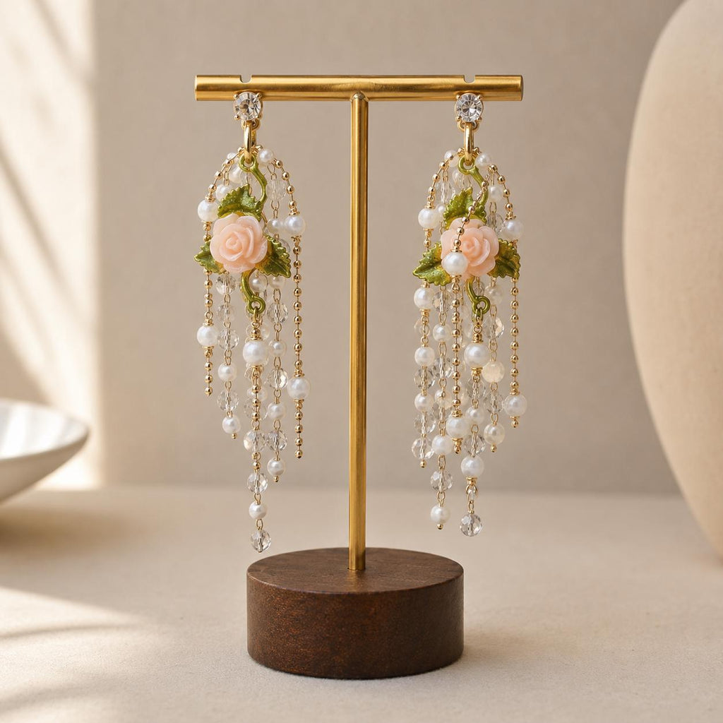 Pink Rose Flower Chandelier Earrings, Pearl Tassel Dangle Earrings, Victorian Garden Statement Jewelry, Romantic Gift for Her