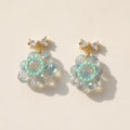 Ice Blue Beaded Blossom Earrings, Gold Bow Stud Earrings, Pastel Coquette Flower Dangles, Whimsical Statement Jewelry, Gift for Her