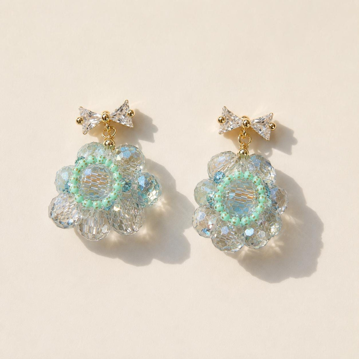 Ice Blue Beaded Blossom Earrings, Gold Bow Stud Earrings, Pastel Coquette Flower Dangles, Whimsical Statement Jewelry, Gift for Her