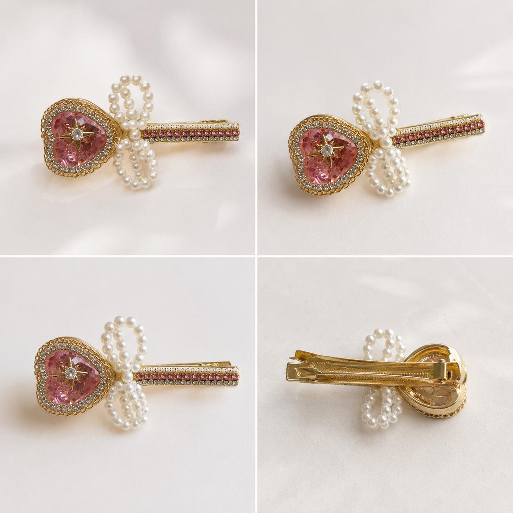 Pink Heart Crystal Hair Clip, Pearl Bow Barrette, Anime Magical Girl Coquette Accessory