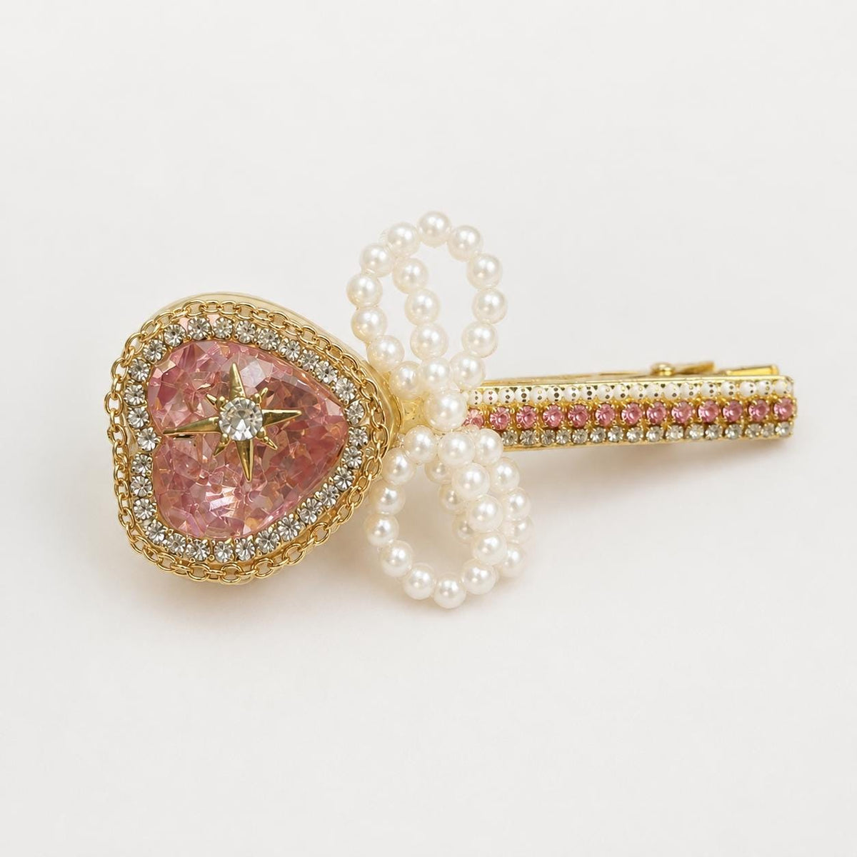 Pink Heart Crystal Hair Clip, Pearl Bow Barrette, Anime Magical Girl Coquette Accessory