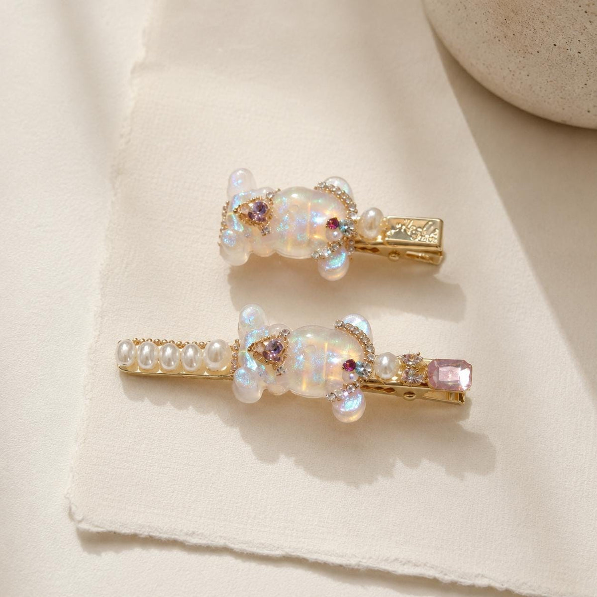 Aurora Teddy Bear Clips, Iridescent Gummy Bear Barrette Set, Pearl Pink Crystal Alligator Pinch, Whimsical Kawaii Coquette Hair Accessories