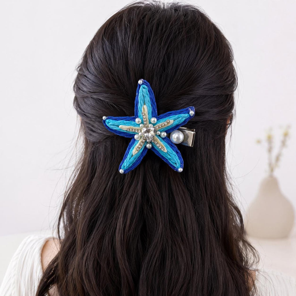 Blue Starfish Hair Clip, Crystal Heart Pearl Hair Barrette, Coastal Ocean Hair Accessory, Beach Gift for Her