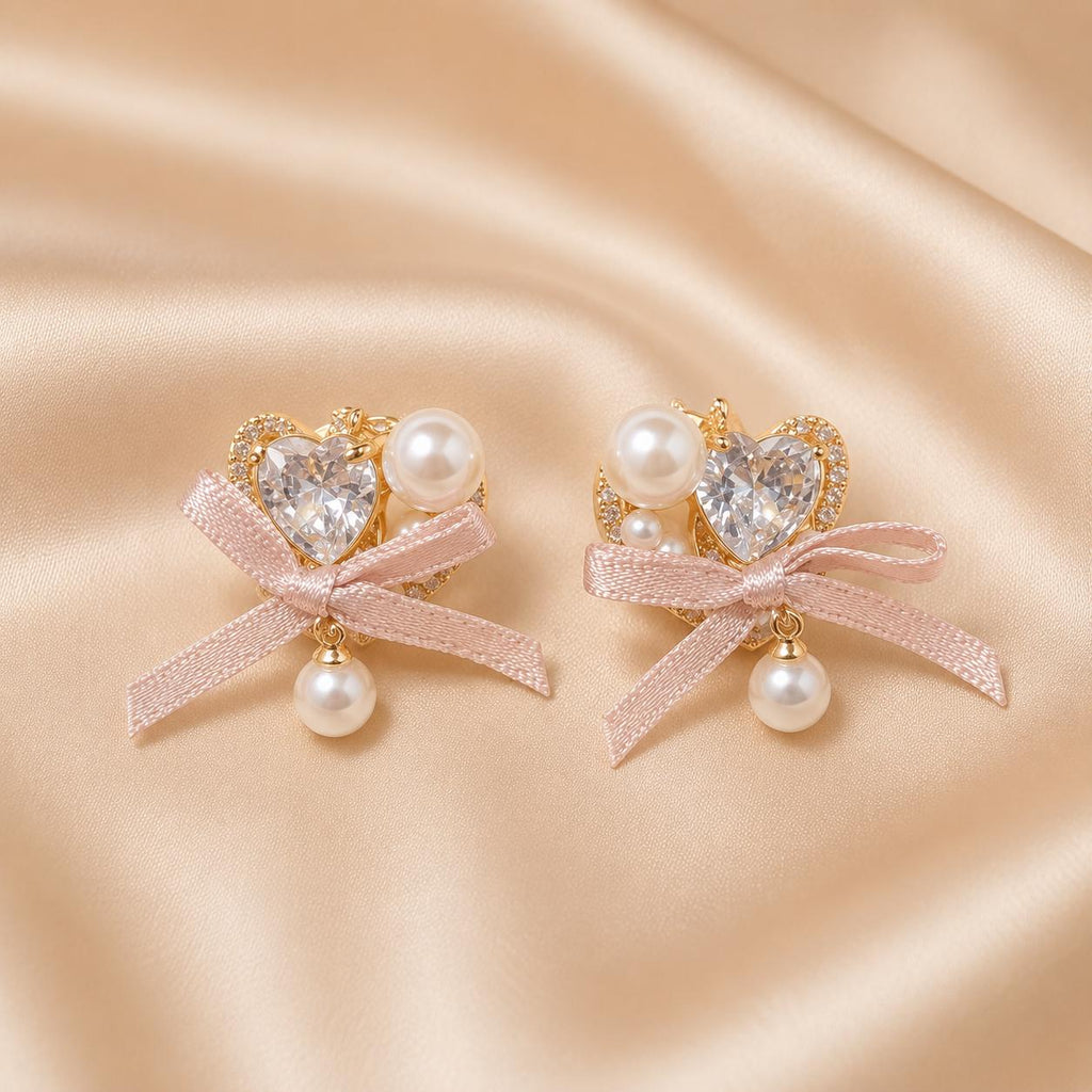 Pink Ribbon Bow Heart Earrings, Crystal Pearl Drop Earrings, Cute Balletcore Coquette Jewelry, Romantic Gift for Her