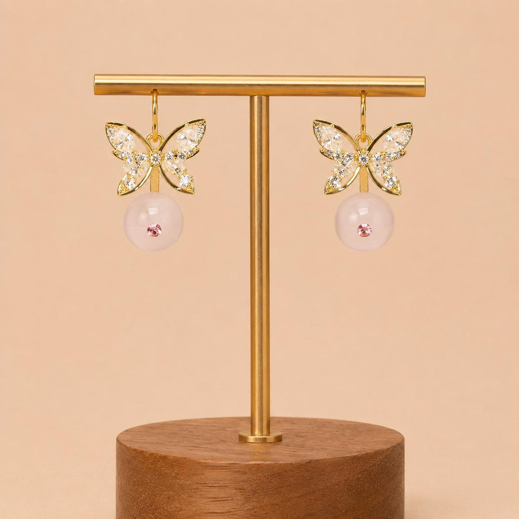 Gold Butterfly Stud Earrings, Marquise Crystal Drop Earrings, Rose Pink Beaded Dangles, Romantic Korean Style Jewelry, Birthday Gift for Her